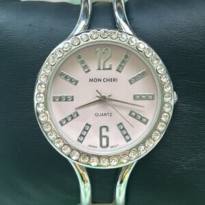 Mon Cheri Pink Dial Rhinestone Bezel Women’s Bangle Watch